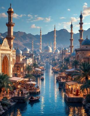 The primary subject of the image is a cityscape with a large body of water, surrounded by buildings and palaces. The setting is a beautiful, historical city with a rich architectural heritage. The visual style of the image is a combination of photo and digital art, creating a vibrant and detailed representation of the city. The colors and mood of the image are warm and inviting, with the water and buildings reflecting the city's beauty and charm.